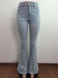 Denim Mid-Waist Hole Flared Jeans Pants LA-3273