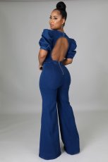 Denim Backless Puff Sleeve Wide Leg Jumpsuit LA-3289