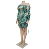 Plus Size Sexy Printed Off Shoulder Drawstring Mini Dress NNWF-7308
