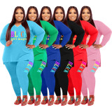 Plus Size Letter Print V Neck Long Sleeve 2 Piece Pants Set WAF-77277