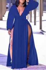 Plus Size Solid Deep V High Split Long Sleeve Maxi Dress WAF-77273