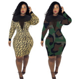 Sexy Printed Mesh Patchwork Long Sleeve Dress LM-8284
