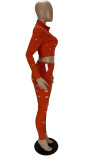 Solid Hole Zipper Long Sleeve 2 Piece Pants Set XYF-9117