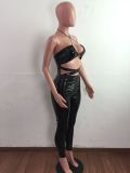 Sexy PU Leather Bright Hollow Out Halter Jumpsuit LA-3294