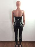 Sexy PU Leather Bright Hollow Out Halter Jumpsuit LA-3294