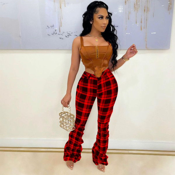 Casual Plaid Flared Stacked Pants YH-5243