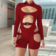 Sexy Hollow Out Long Sleeve Buckle Romper TE-4328