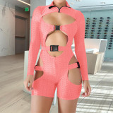 Sexy Hollow Out Long Sleeve Buckle Romper TE-4328