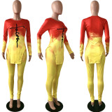 Gradient Letter Print Split Top And Pants 2 Piece Sets YNSF-1677