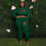 Plus Size Solid Ribbed Long Sleeve Crop Top+Vest+Pants 3 Piece Sets NNWF-7345