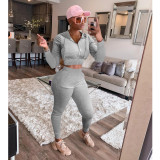 Solid Velvet Hooded Zipper Two Piece Pants Set IV-8250