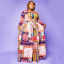 Plus Size Printed Long Sleeve Sashes Maxi Dress NNWF-7314