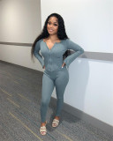 Solid Ribbed Long Sleeve Zipper Two Piece Pants Set ME-Y939