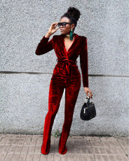 Solid Velvet Long Sleeve Coat+Flared Pants 2 Piece Sets TR-1182