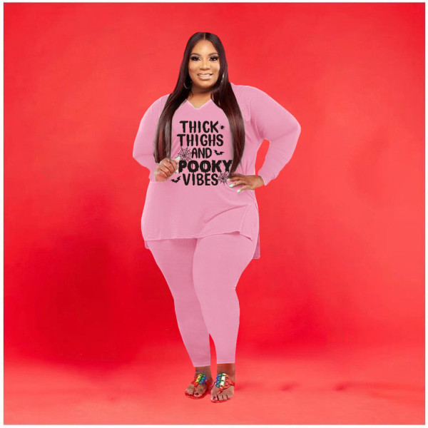 Plus Size Letter Print V Neck Long Sleeve 2 Piece Suits WAF-77279