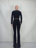 Solid Velvet Hooded Long Sleeve Flare Pants 2 Piece Sets YD-8527