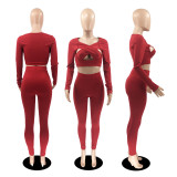 Sexy Solid Hollow Out Long Sleeve Slim 2 Piece Sets YIBF-6115