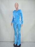 Solid Velvet Hooded Long Sleeve Flare Pants 2 Piece Sets YD-8527