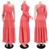 Sexy Solid One Shoulder Ruffle Maxi Dress ASL-6516