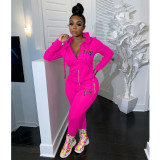 Pink Letter Embroidery Zipper Hoodies 2 Piece Pants Set LUO-3115