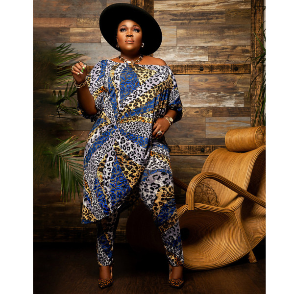 Plus Size Leopard Print Irregular Top And Pants 2 Piece Sets NNWF-7349