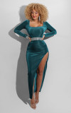 Sexy Velvet Long Sleeve Split Maxi Evening Dress (Without Belt) ZSD-0428