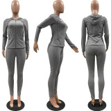 Solid Hooded Zipper Long Sleeve Two Piece Pants Set FSL-117-1