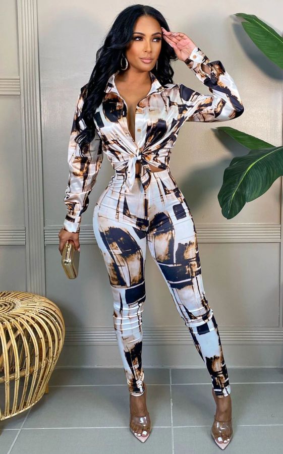 Casual Printed Blouse Top And Pants 2 Piece Suits SFY-2147