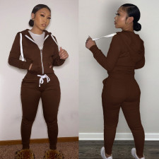 Solid Sports Hooded Zipper Thick 2 Piece Pants Set FSL-F179