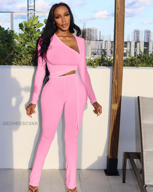 Solid Drawstring Long Sleeve Two Piece Pants Set XYF-9119