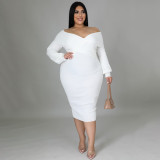 Plus Size Solid V Neck Long Sleeve Midi Dress NNWF-7371