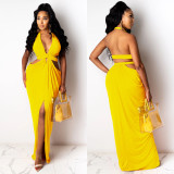 Sexy Solid Color Halter Slit Long Dress FSXF-190