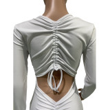 Solid V Neck Backless Drawstring Long Sleeve Jumpsuit BGN-212