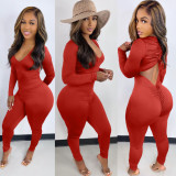 Solid V Neck Backless Drawstring Long Sleeve Jumpsuit BGN-212