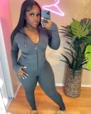 Solid Ribbed Hooded Long Sleeve Zipper 2 Piece Sets FSL-F180