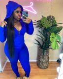 Solid Ribbed Hooded Long Sleeve Zipper 2 Piece Sets FSL-F180