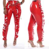 PU Leather Ruffle Skinny Pencil Pants NK-8525