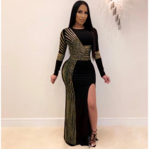 Plus Size Sexy Hot Rhinestone Round Neck Split Long Sleeve Nightclub Dress NY-8882
