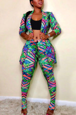 Plus Size Print Slim-fit Lapel Coat and Pants Two Piece Sets NY-8863