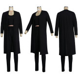 Solid Ribbed Tank Top+Long Cloak+Pants 3 Piece Sets FSXF-F314
