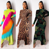 Print Irregular Hem Slim Long Sleeve Maxi Dress NY-8862
