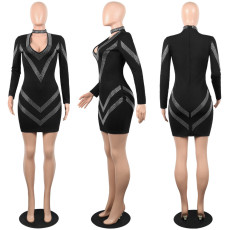 Sexy Hot Drilling V Neck Long Sleeve Bodycon Dress FSXF-FS82