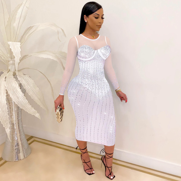Hot Rhinestone Long Sleeve Slim Nightclub Dress NY-2198