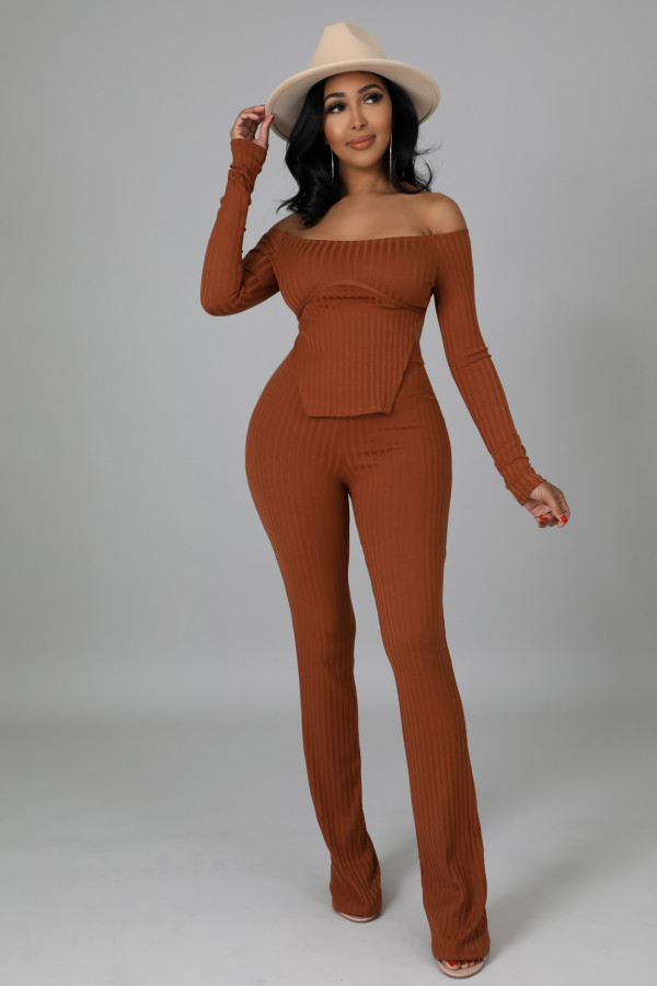 Solid Ribbed Slash Neck Long Sleeve 2 Piece Pants Set ZDF-31175