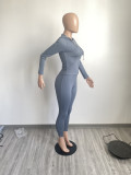 Solid Ribbed Hooded Long Sleeve Zipper 2 Piece Sets FSL-F180
