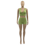 Solid V Neck Sleeveless Two Piece Shorts Set ANDF-0501