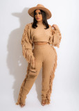 Solid Knitted Tassel Long Sleeve Sweater Pants Sets TR-1186