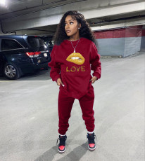 Lip Print Long Sleeve Fleece Two Piece Sets LSL-6478