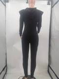 Solid Knitted Hooded Long Sleeve Zipper Skinny Jumpsuit TK-6207