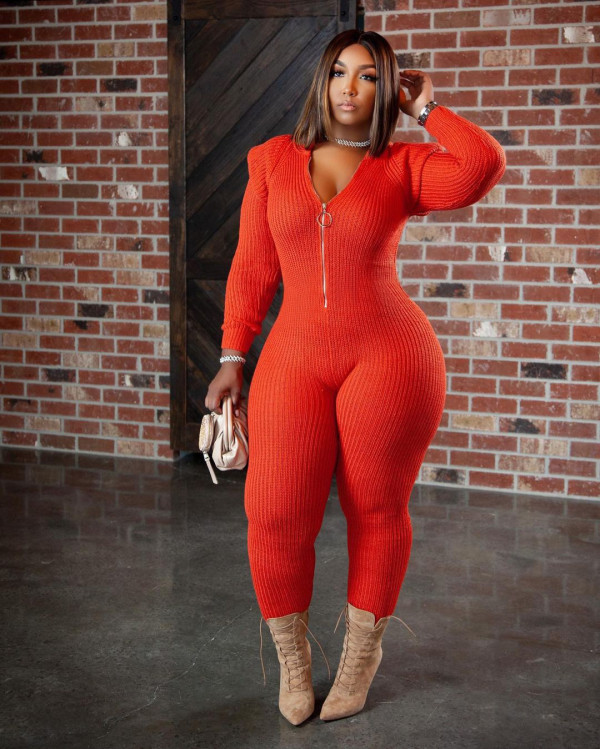 Plus Size Hooded Knitted Long Sleeve Jumpsuit TK-6207-1